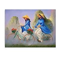 Posters Modern Art Posters Floral Plants Vietnamese Women on Bicycles Posters Room Aesthetics Posters Canvas Art Posters Painting Pictures Wall Art Prints Wall Decor for Bedroom Home Office Decor Par