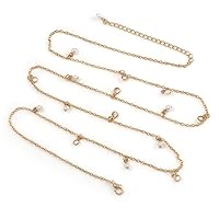Long Delicate Chain with Pearl, Crystal Bead Charm In Gold Tone Necklace - 78cm L/ 8cm Ext