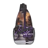Purple Bike by The Window Print Sling Bag Shoulder Sling Backpack Travel Hiking Chest Bag For Men Women