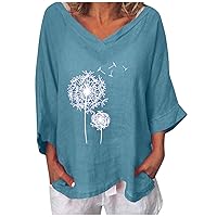 Oversized Cotton Linen Tops for Women Vintage Dandelion Graphic Tee Summer Casual 3/4 Sleeve V Neck Loose Fit Blouse