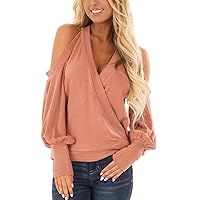 Women's Sexy Wrap Deep Low Cut Halter Neck Cold Shoulder Tops Long Sleeeve Casual Elegant Blouse Trendy Shirts
