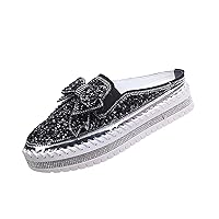 Women's Platform Rhinestones Glitter Sneakers,Fashion Cute Bow Comfy Breathe Canvas Hand-Stitching Slip On Casual Walking Flat Loafers
