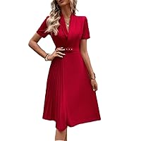 Dresses for Women - Solid Pleated Detail Shawl Neck Belted Dress