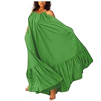 Womens Dresses Summer, Maxi Casual V-Neck Sleeveless Bohemian Spaghetti Strap Long Dress Plus Size Summer Cute Sundresses for Women Eyelet Dress Beach Vacation Casual Dresses (5XL, Green)