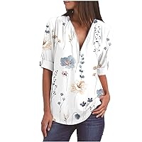 YZHM Women's Zip V Neck Shirts Long Sleeve Casual Fall Tops Gradient Dressy Blouses Plus Size Tunic Tops Trendy Tshirts