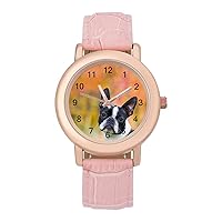 Boston Terrier Dog Female Outside Womens Watch Round Printed Dial Pink Leather Band Fashion Wrist Watches