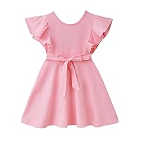 lymanchi Toddler Girl Swing Dress Sleeveless Ruffled Belt Backless A-line Solid Color Baby Beach Dresses