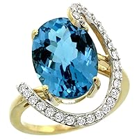 14k Yellow Gold Natural London Blue Topaz Ring Oval 14x10 Diamond Accent, 3/4inch wide, sizes 5 - 10
