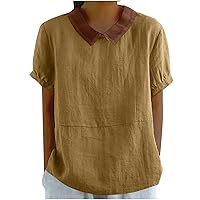 Women Plus Size Linen Shirts Solid Casual Summer Tops Patchwork Lapel Tshirt Loose Fit Casual Tee Tops Beach Tunic