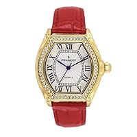 Peugeot Women's 14K Gold Plated Watch - Barrel Shaped Crystal Studded Bezel and Leather Wrist Strap