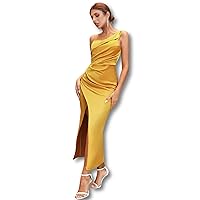Exclusive Women Sexy Summer Formal Gowns Dress Golden One Shoulder Split Pleated Elegant Bridesmaid Evening Dress