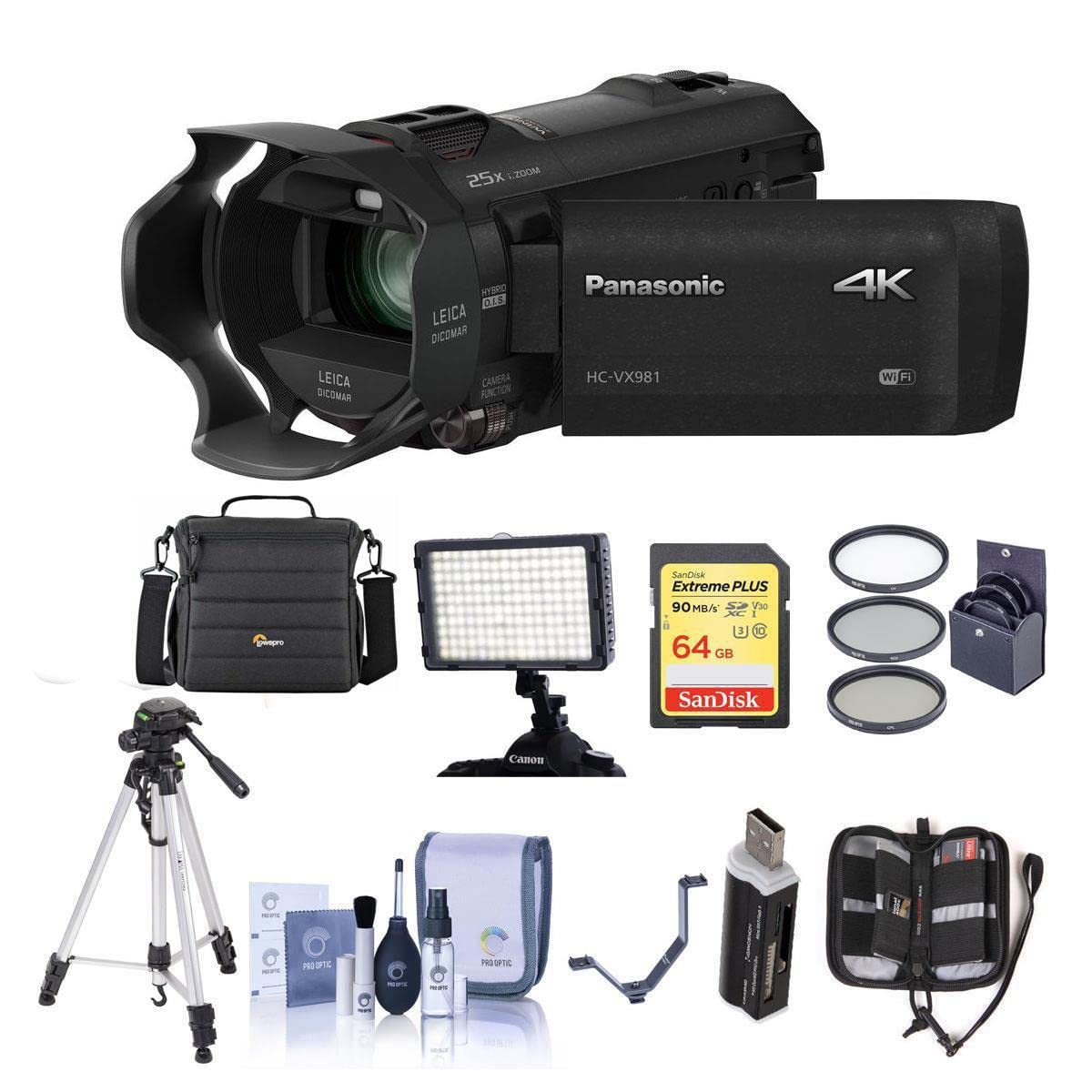 Panasonic 4K Ultra HD Camcorder HC-VX981K (Black), 20x Optical Zoom, Bundle with Video Bag, LED Light, 64GB SD Card, Tripod, Filter Kit, Cleaning Kit, Memory Wallet and Accessories
