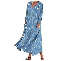 Summer Dresses for Women 2024 Printed 3/4 Sleeve Sun Dress with Pocket Trendy Flowy Dress Casual Vacation Beach Dress