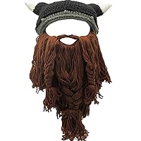 YEKEYI Viking Beard Beanie Horn Hat Winter Warm Mask Knitted Wool Funny Skull Cap