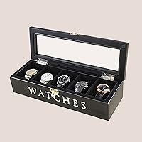 Wooden 5-Slot Watch Case, Household Single-Layer Separated Jewelry Savings Box, Retro Letter Watch Box with Flip Cover Black 0104B(Color:Black)