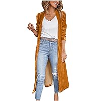 2024 Women’s Long Sleeve Velvet Jacket Casual Open Front Solid Long Velvet Cardigan Coats with Pockets