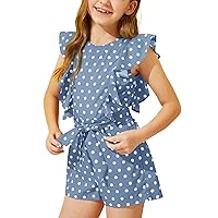 Girl's Casual Ruffle Sleeveless Summer Rompers Wide Leg Swiss Dots Short Jumpsuits with Belt