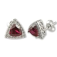 Ruby & Natural Diamond (SI2-I1-Clarity,G-H-Color) Trillion Shape Stud Earrings 2.50ctw 14K White Gold.