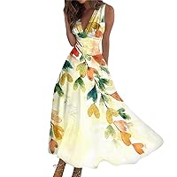 Plus Size Dresses for Curvy Women Floral Summer 2024 Vacation Long Summer Sleeveless V-Neck Waist Printed Dress