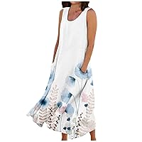 Sundresses for Women Casual Sleeveless Cotton Linen Long Dress Flowy Beach Floral Print Dresses with Pockets