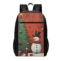 Snowman Christmas Tree Print Simple Sports Backpack, Unisex Lightweight Casual Backpack, 17 Inches