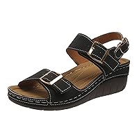 Ladies Fashion Summer Vintage Solid Leather Open Toe Buckle Thick Sole Sandals T Strap Sandals for Women Heeled