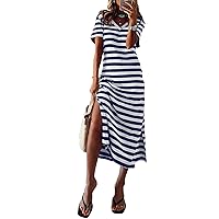 MARZXIN Women 2024 Casual Maxi Dress Short Sleeve V Neck Stripe Sundress Split Loose Long Summer Beach T Shirt Dresses
