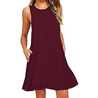 YMING Womens Sleeveless Pocket Tank Dress Solid Color Loose T-Shirt Dresses Summer Casual Mini Dress