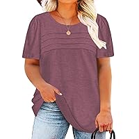 DOLNINE Plus Size Tops for Women Summer Puff Short Sleeve Shirts Casual Pleated Crewneck Tees
