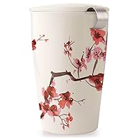 Kati Cup Ceramic Tea Infuser Cup with Infuser Basket and Lid for Steeping, Cherry Blossoms