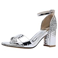 BIGTREE Heeled Sandals For Women Glitter Metallic color Chunky Block Heels Open Toe Dress Shoes with Buckle Ankle Strap