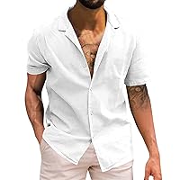 Men's Summer Casual Cotton Linen Short Sleeve Shirts Lightweight Loose Soild Button Down Cuban Shirt Vacation Beach Shirts
