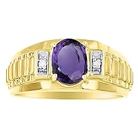 RYLOS Mens Rings 14K Yellow Gold - Diamond & Amethyst Ring Role X Design 8X6MM Color Stone Gemstone Rings For Men Mens Jewelry Gold Rings