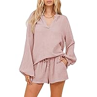 Pink Queen Women's 2023 Fall 2 Piece Outfits V Neck Puff Long Sleeve Pullover Top And Shorts Loose Lounge Sets