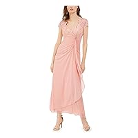 Womens Pink Stretch Embellished Zippered Ruched Side Ruffle Open Back Short Sleeve Surplice Neckline Maxi Formal Gown Dress Petites 2P