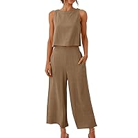 Women's Summer 2 Piece Outfits Sleeveless Tank Crop Button Back Top Cropped Wide Leg Pants Set Pockets