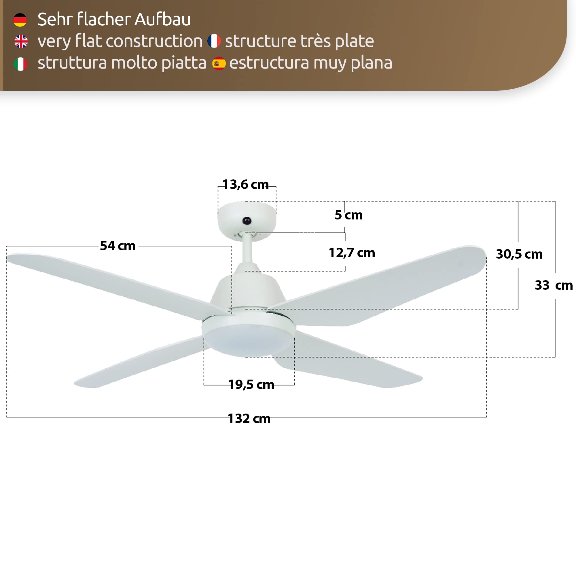 LUCCI AIR Airfusion Aria Deckenventilator mit 4 Flügeln, 122 cm Durchmesser, 3 Speeds, Timer, Sommer/Winter, inkl. LED Licht, Weiß