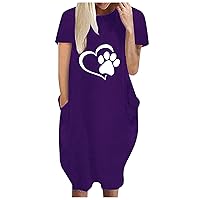 Dog Mom T Shirt Dress Women Dog Paw Heart Print Shift Dresses Plus Size Short Sleeve Loose Pocketed Beach Dress