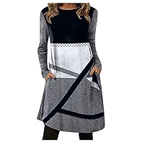 Women's Dresses Ladies Casual Color Matching Positioning Printing Round Neck Long Sleeve Pocket Dress