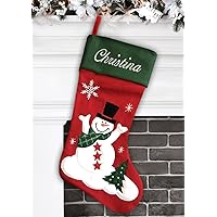 Personalized Christmas Stocking - Snowman Design - Embroidered Name - Large 18.5inch, Traditional Red and Green, Family Holiday Season Decor