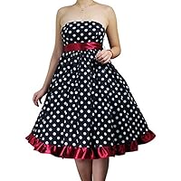 (XS-XXL) Dots Afire - Black w White Polka-dots Burgundy Trim Belt Strapless Dress