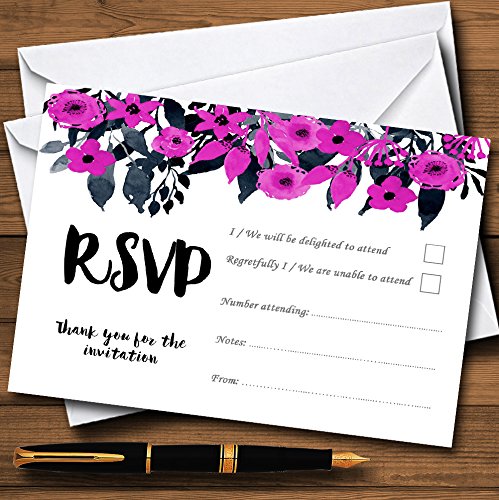 Watercolour Black & Hot Pink Floral Header Personalized RSVP Cards