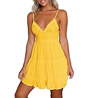 Women Midi Summer Lace Dresses Casual V Neck Swing Dot Ruffle Sleeveless A Line Beach Sun Dress Women Beach