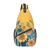 Sling Backpack Bag Yellow And Blue Floral Print Crossbody Chest Bag Adjustable Shoulder Bag Travel Hiking Daypack Unisex
