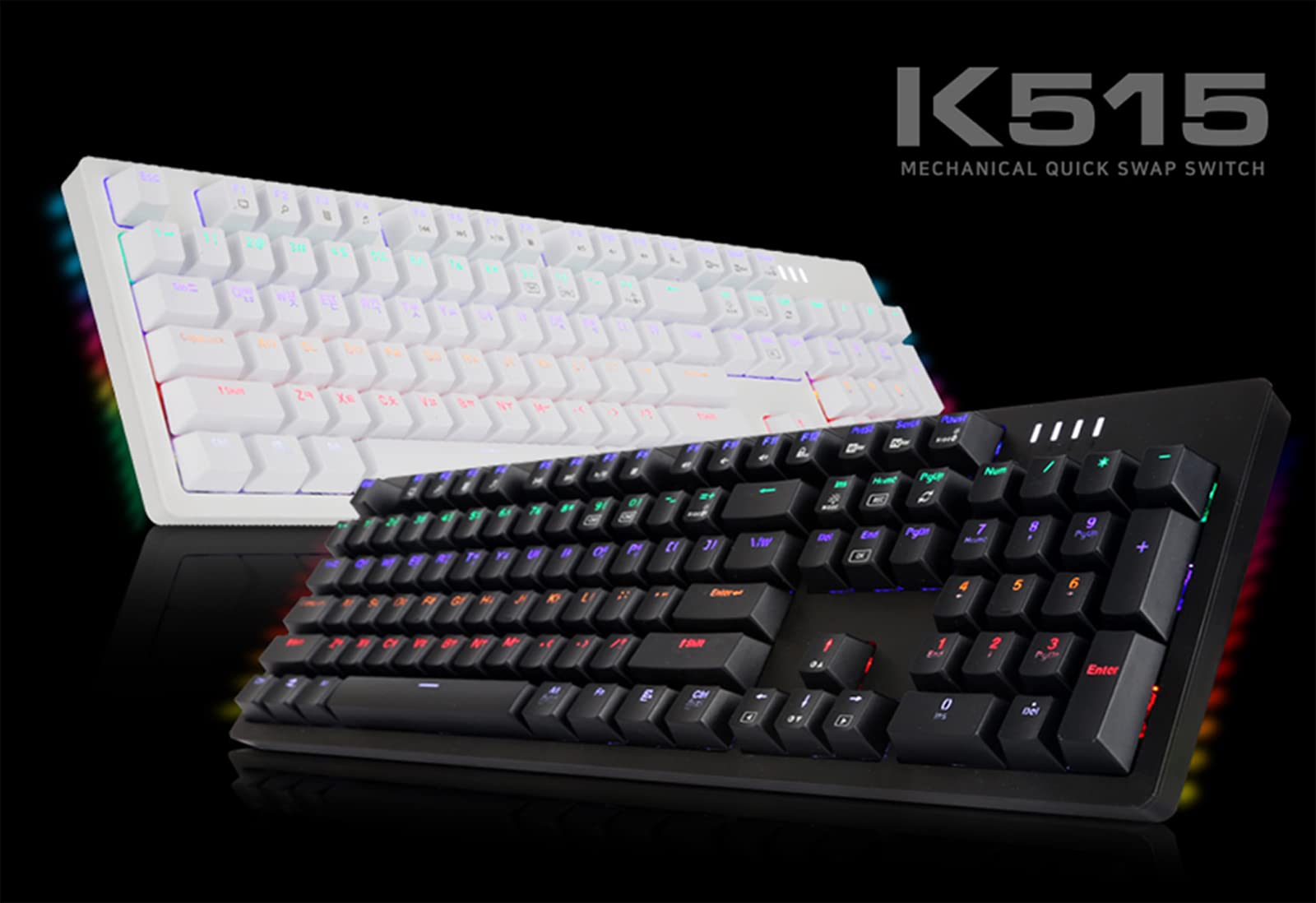 ABKO K515 RGB Gaming Quick Swap Switch Mechanical Keyboard (English/Korean Keycaps) (White, Blue Switch)