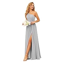SYYS Elegant One Shoulder Bridesmaid Dresses Long for Wedding with Pockets Ruched Chiffon Formal Dresses with Slit 2024 12 Silver