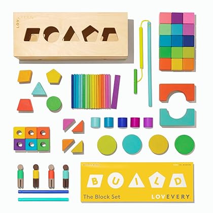 The Block Set by Lovevery, Solid Wood Building Blocks and Shapes + Wooden Storage Box, 70 Pieces, 18 Colors, 20+ Activities, for Children Ages 18 to 48+ Months