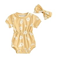 Karwuiio Newborn Baby Girl 2 Piece Outfits Short Sleeve Knit Jumpsuit Romper with Headband Summer Clothes