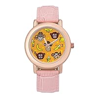Cute Faces of Monkeys and Bananas Classic Watches for Women Funny Graphic Pink Girls Watch Easy to Read