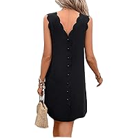 Solid Scallop Trim Button Back Sleeveless Dress